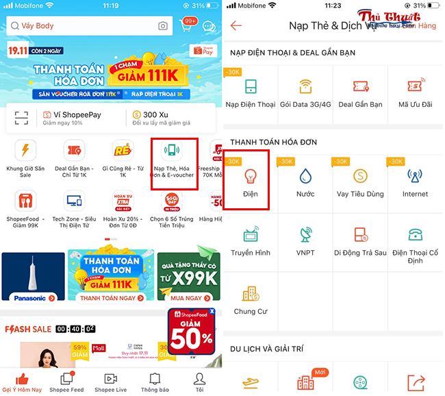 Mã giảm giá hóa đơn tiền điện Shopee 