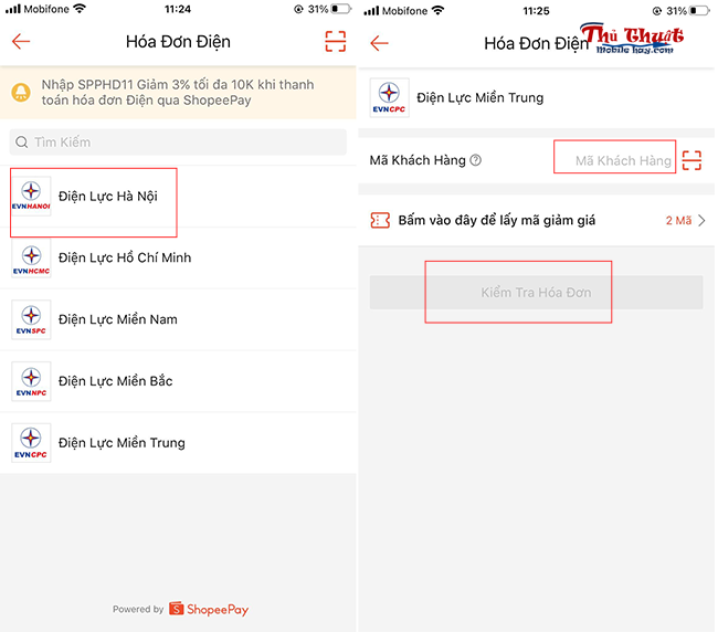 Mã giảm giá hóa đơn tiền điện Shopee 