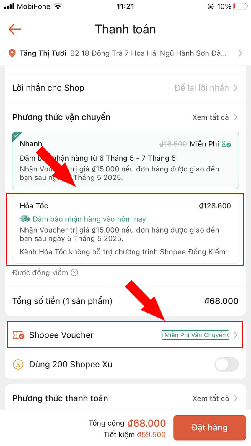 Cách chọn hỏa tốc trên Shopee