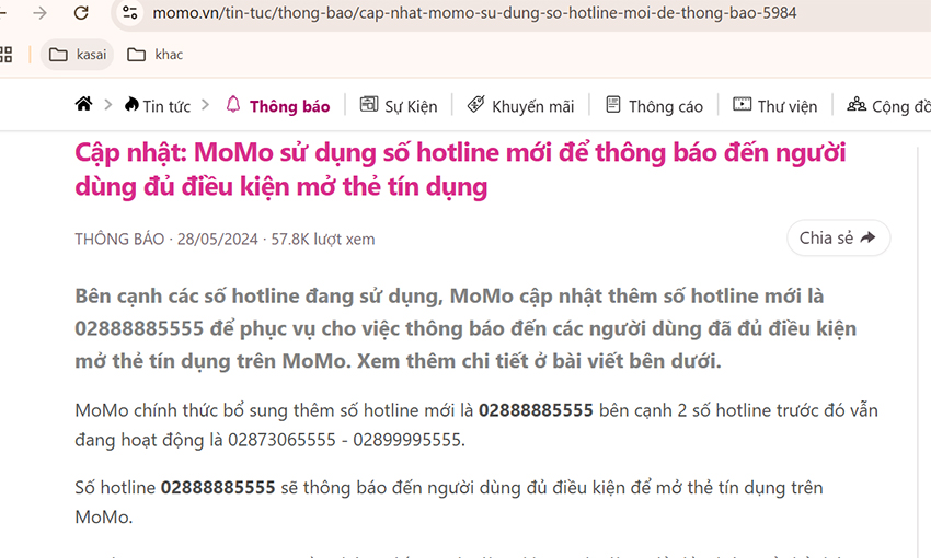 Số điện thoại 0288888555 là của Momo