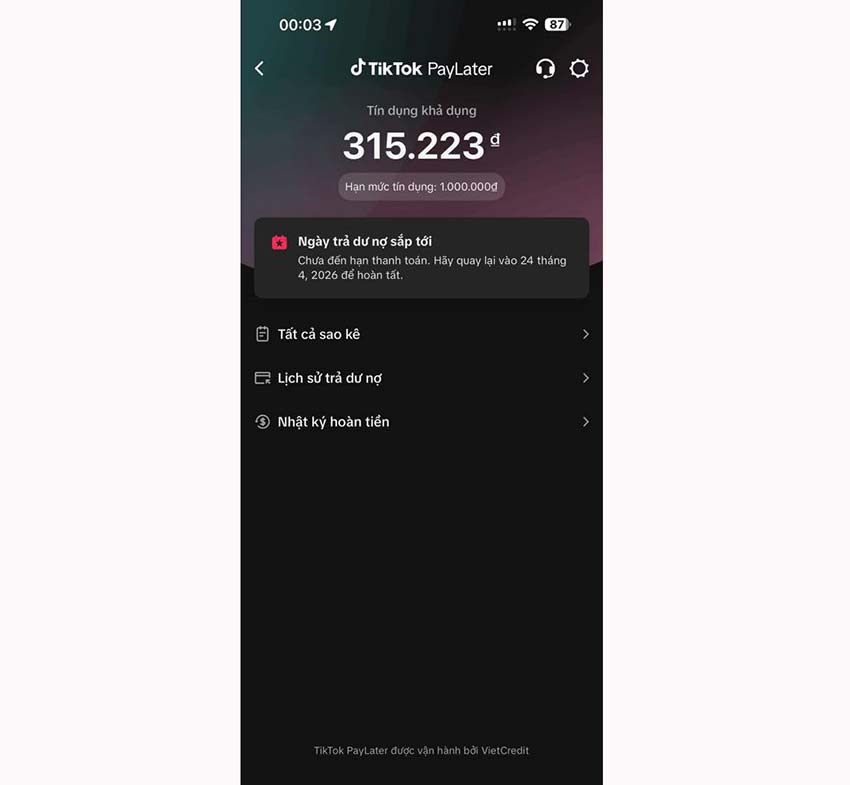 Hạn mức Tiktok Paylater