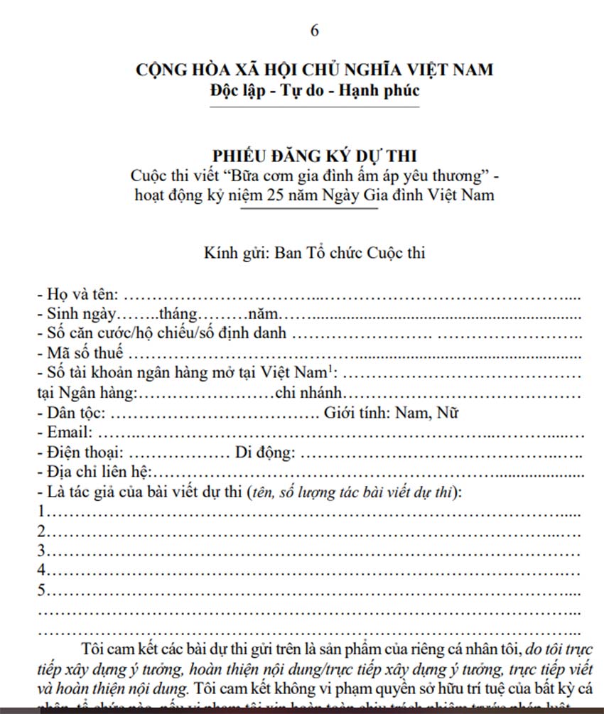Phiếu đăng ký dự thi bữa cơm ấm áp yêu thương
